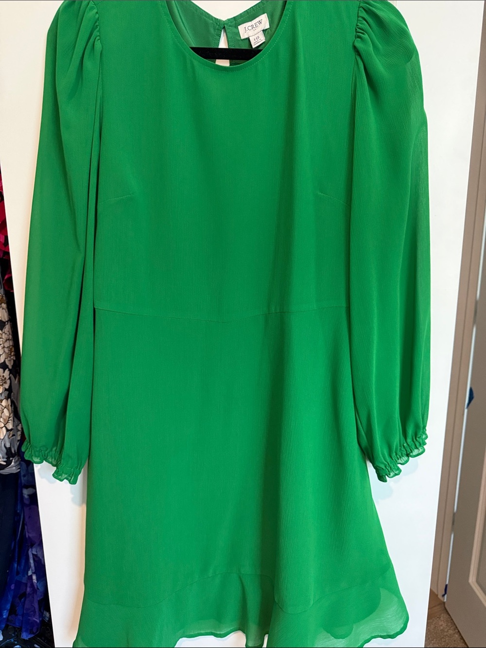 J. Crew Bright Green Long-Sleeve Chiffon Shift Dress